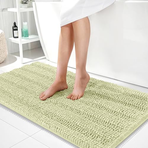Image of OLANLY Thick Bathroom Runner Rugs 44x24, Extra Absorbent Chenille Striped Bath Rugs, Rubber Backing, Machine Wash Dry, Long Bath Mats for Bathroom, Tub and Shower, Home Decor Accessories, Vanilla