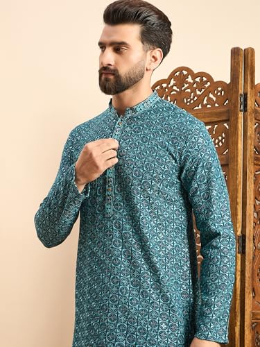 Image of Amazon Brand - Tavasya Men Rayon Geometric Embroidered Mandarin Collar Straight Kurta