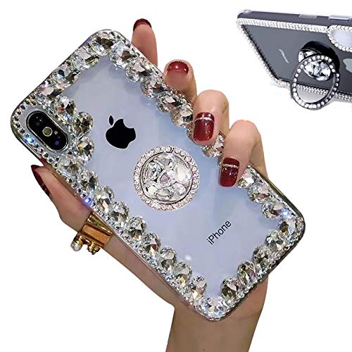 Jorisa Coque Diamant Paillettes Compatible avec iPhone 12 Mini 5.4 Pouce,Bling Brillant Cristal Strass Bague Anneau Support Étui Fille Femme Clair Transparent Silicone Housse,Cristal