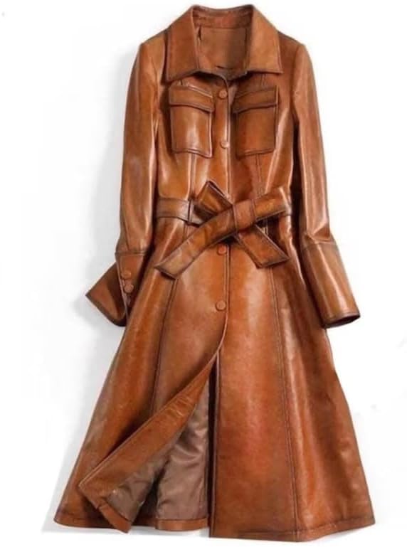 Women's Long Military Style Leather Trench Coat.