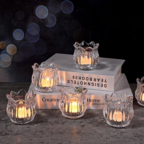 6 Pcs Tulip Votive Candle Holders, Tea Light Candle Holder Glass for Table Centerpiece, Tealight Candles Holders for Wedding Déco, Birthday, Anniversary, Parties, and Holiday (Clear)