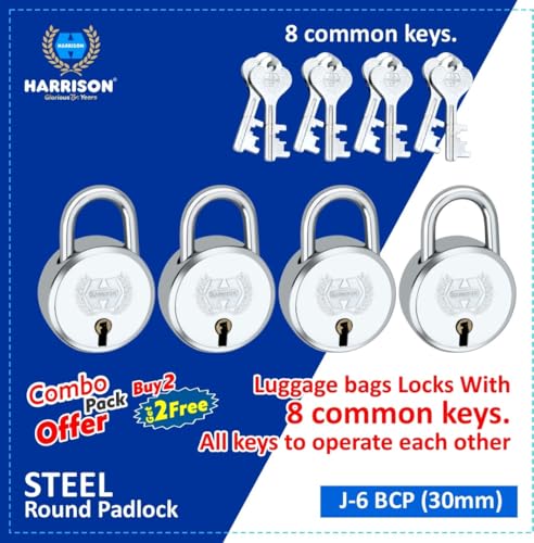 Image of Harrison Padlocks 0307 Round Luggage Padlock 30mm J-6-30MM with 8 Common Keys /Mild Steel Material /Bright Chrome Plated Finish /Luggage, Suitcase, Box, Bag