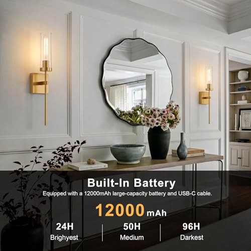 Image of Wireless Wall Sconces with Remote Control, Brushed Gold Battery Operated Wall Sconce Set of 2, Dimmable Rechargeable Wall Decor Lights for Living room Dining room Bathroom Bedroom Hallway Stairwell