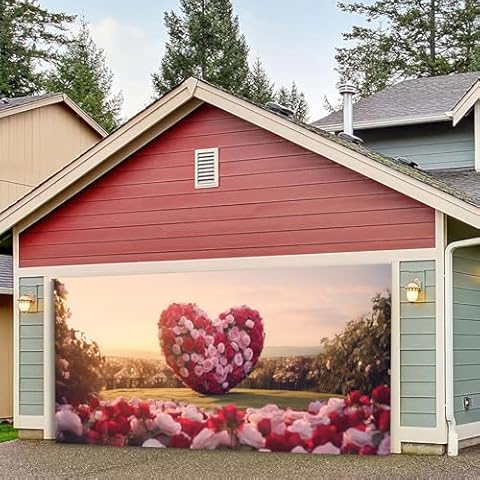 FRJINIE Happy Valentine's Day Garage Door Banner, 6 x 13 ft Romantic Love Garage Door Banner, Large Pink Rose Backdrop Decoration for Wedding Anniversary (A-1) Cover