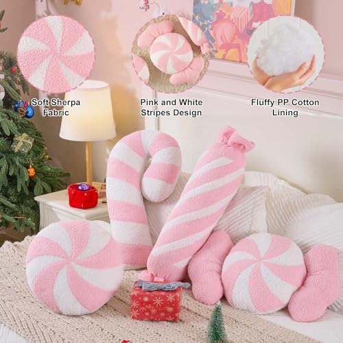 Image of Lanpn Christmas Candy Pillows Set of 4, Christmas Decoration Winter Throw Pillows Soft Fleece Cute Long Lumbar Candy Cane Bow Lollipop Peppermint Cushion for Sofa Bedroom Xmas Decor (Pink)