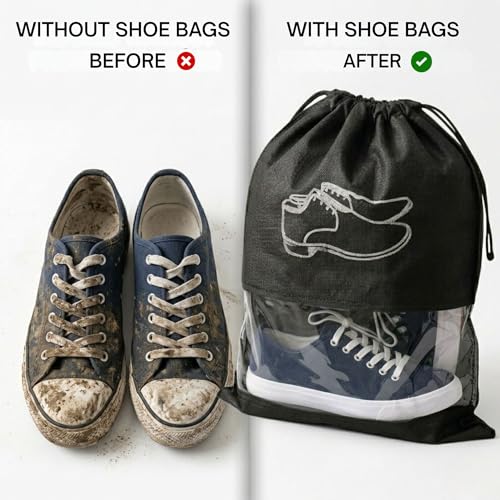 Image of Hian Black Shoe Storage Bags with Transparent Window & Drawstring Closure - Non-Woven Travel Footwear Organizer, Dustproof Reusable Shoe Covers for Luggage, Closet & Gym Use - Pack of 6