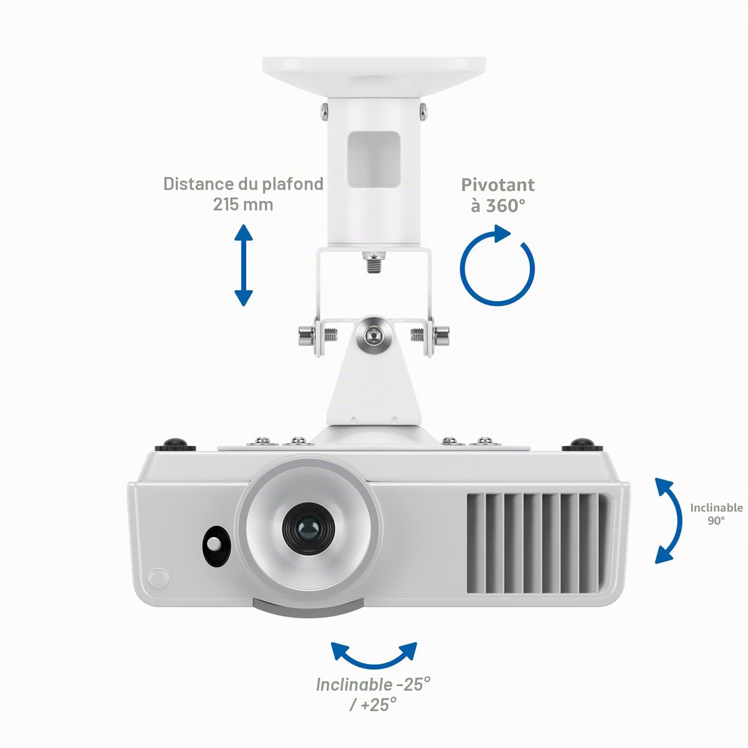 deleyCON Support de Plafond pour Projecteur Universel Beamer +-25° - Pivotant à 360° - Jusqu'à 15 Kg - Distance de Plafond 215mm - Gestion des Câbles - Blanc