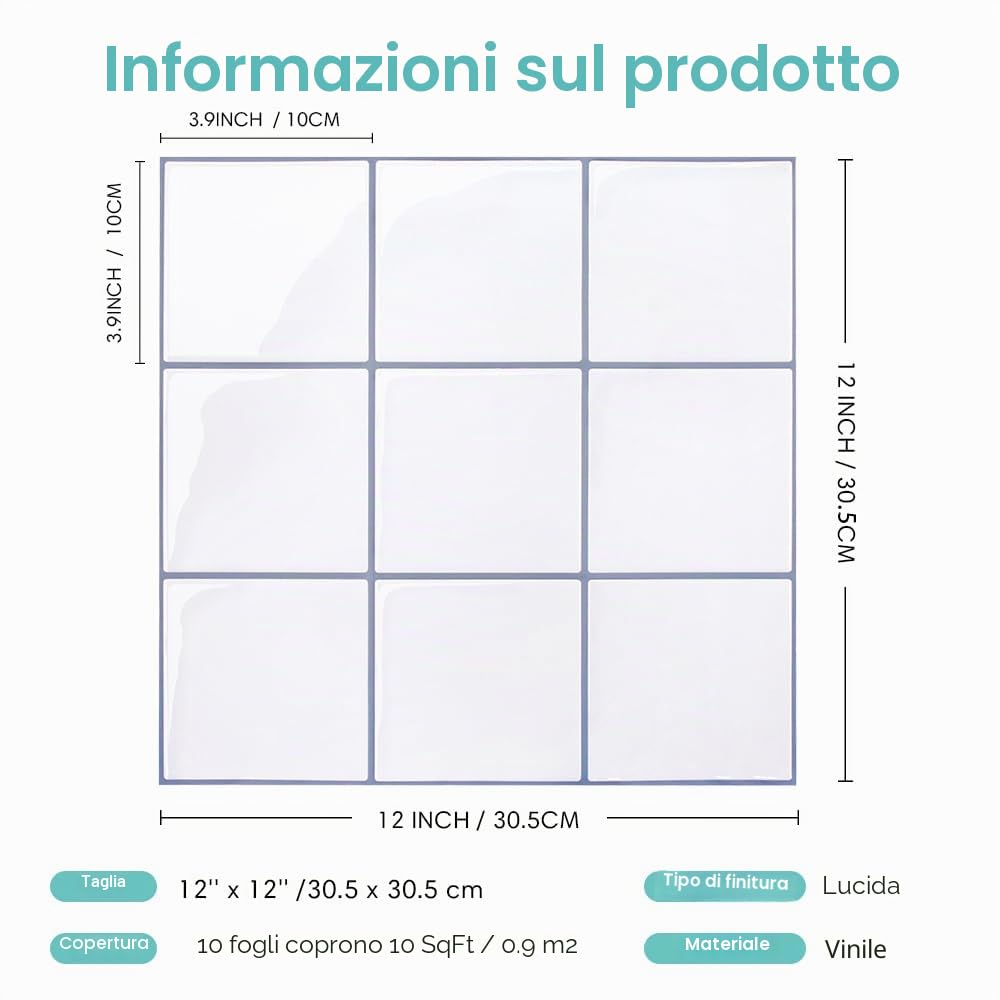 Commomy Più Spessi Paraschizzi Cucina Adesivo, 10 pezzi, 30,5 x 30,5 cm | Piastrelle Mattonelle Adesive Bagno Vinile 3D Metro, Adesivi per Piastrelle Impermeabili