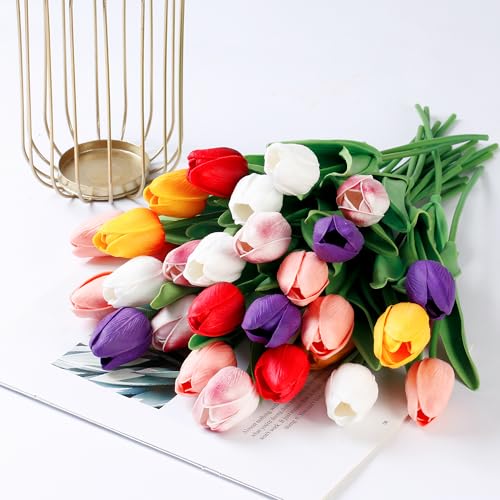 Image of Sggvecsy 30 Pcs Fake Tulips Artificial Flowers Real Touch PU Faux Flowers Tulip Stems for Wedding Spring Bouquet Floral Arrangement Party Home Office Decorations for Mother's Day (Multi Colors)