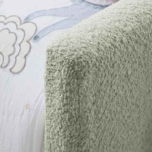 Image of KEIKI Twin Size Upholstered Platform Bed Frame with Guardrail, Slats, Cyan | Boucle Platform Bed with Cute Rabbit Ear Shaped Headboard, Pocket, for Boys and Girls, No Box Spring Required, Easy Assembly