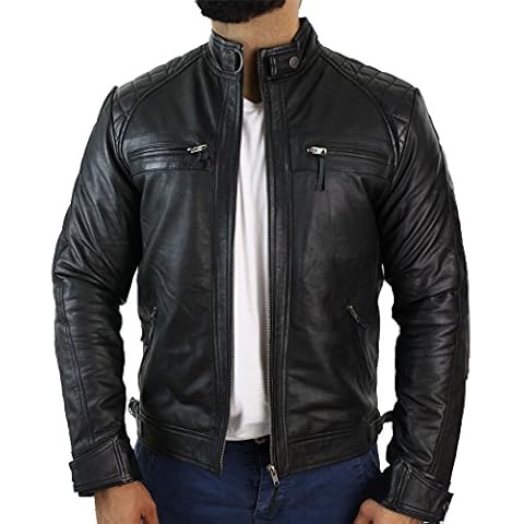 Mens Retro Style Zipped Biker Jacket Real Leather Soft Black Casual Black XX-Large Cover