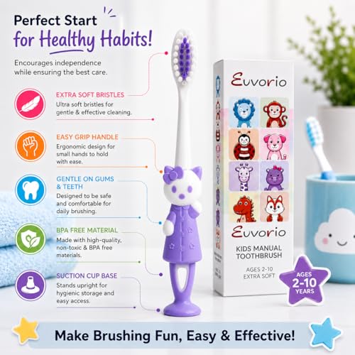 Image of Evvorio Toothbrush for Kids with Ultra Soft Bristles for Oral Cleaning, Suitable For 2-12 Years Toddlers, Cat Design, Purple, Pack of 1