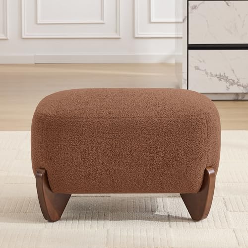 Image of WUTUTUEE 28.7 inch Sherpa Boucle Ottoman with Solid Wood Legs, Modern Upholstered Footstool, Comfy Ottoman for Living Room, Bedroom, Caramel
