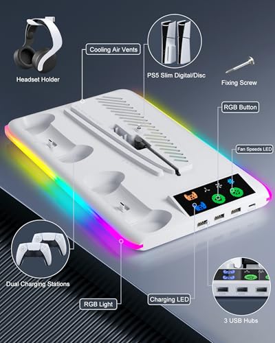 Controller Charger for PS5/PS5 Slim: Cooling Fan and Charging Station, Vertical Dock for PlayStation 5 Console and Accessories (White) - Image 6