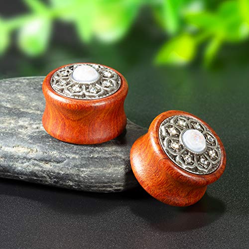 KUBOOZ(1 Pair Vintage Wood Opal Center Flower Ear Plugs Tunnels Gauges Stretcher Piercings.2