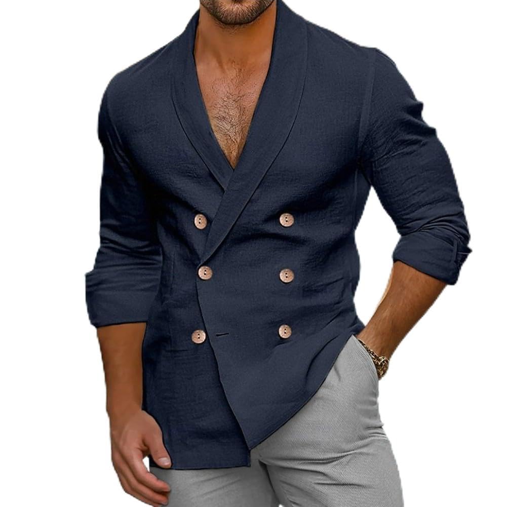 Camicia da uomo alla moda con scollo a V con design a doppio petto per giornate casual (2XL blu scuro)