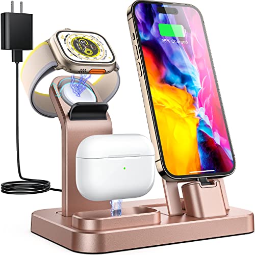 RJR Updated 3 in 1 Charging Station for Apple Devices, Self Adjusting Charging Dock for iWatch 8 7 6 SE 5 4 3 2 1, Built-in Charger Stand for iPhone AirPods Gifts (with 15W Adapter) Rose Gold