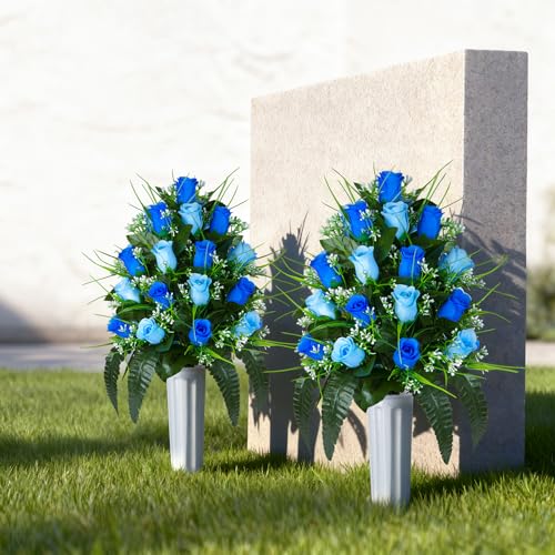2 Sets Artificial Cemetery Flowers, Grave Decorations Roses, Memorial Flowers Bouquet with Vase for Grave Cemetery Decoration (Dark Blue&Light Blue) image 2