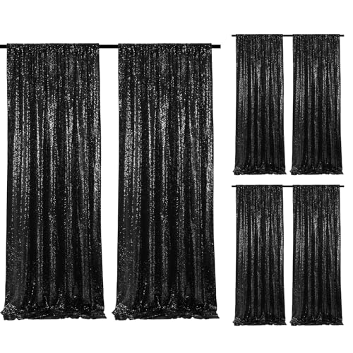 Image of Black Sequin Backdrop Curtains 6 Pieces 2FTx8FT Shimmer Birthday Wedding Photograph Baby Shower Decoration Backdrop Fabric for Christmas Party Decoration