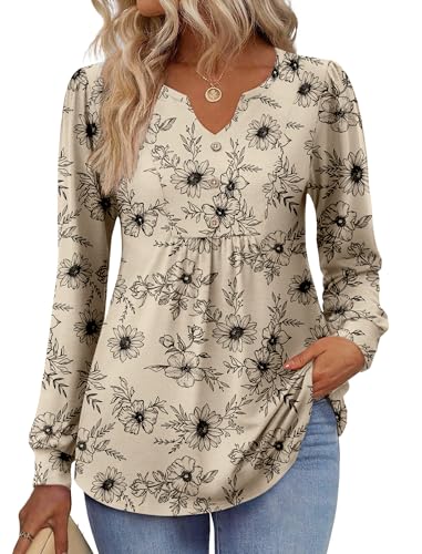 Image of Zeagoo Womens Long Sleeve Tops Fall V Neck Shirt Casual Pleated Tunic Top