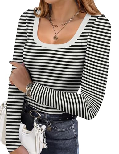 Image of Ekouaer Womens Long Sleeve Shirts Square Neck Slim Fit Basic Tops Ribbed Thermal Undershirts Layering Tee