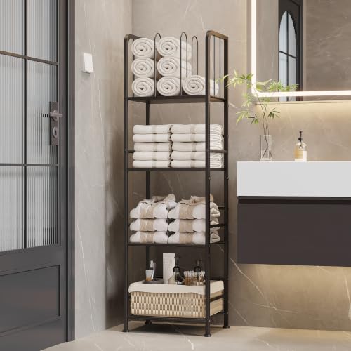 4-Tier Freestanding Towel Racks for Bathroom, Black Towel Rack Stand | Detachable M-shaped Dividers for Bath Towel Storage Premium Iron & Wood Holder Crafted for Bathroom Organization