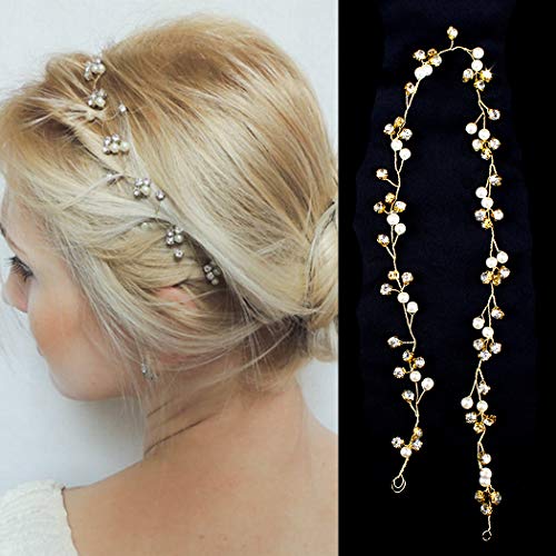 COCIDE Wedding Hair Accessories for Bride Gold Bridal Hair Pieces for Women Crystal Hair Vine for Flower Girls Pearl Jewelry Accessory Rhinestones Headband for Party (48 cm / 18.9 inches)