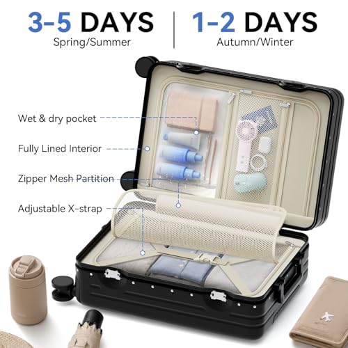 Image of Carry On Luggage, Aluminum Frame Zipperless Suitcase, Black, 20 in | Airline Approved, Hardside, TSA Lock, 360Spinner Wheels, PC, Wet and Dry Separation Pocket, Cup and Phone Holder, Side Hook