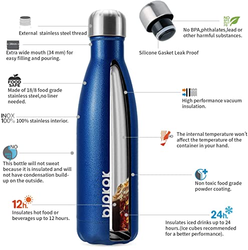 Image of BJPKPK Insulated Water Bottles 17oz, Leak Proof Stainless Steel Water Bottle Keeps Cold for 24 Hours Hot for 12 Hours, BPA Free,Blue