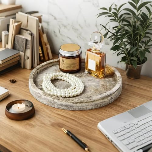 Bandeja decorativa de piedra travertino gris para organizar el baño y la mesita de noche 3