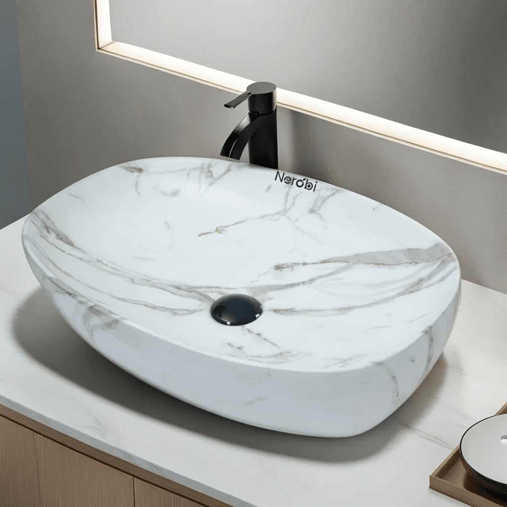 NEROBI Designer Counter Top Wash Basin | Tabletop Ceramic Bathroom Sink | Wash Basin Over Counter | Wash Basin For Bathroom (24 x 15 x 6 Inch) (Designer White Grey) (B0CQX743Q3) Amazon Price History, Amazon Price Tracker