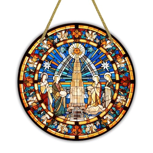 Image of Printality Stained Glass Style Christian Wall Hanging | Round MDF Plaque with Glossy Finish & Golden Zardosi String | Religious Wall Art | Jesus, Mary & Angels Design | Faith Home Decor (Design 4)