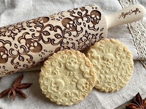 Algis Crafts Skull Wreath Embossing Rolling Pin With Skulls, Spooky, Death'S-Head, Halloween Sugar. Laser Engraved Dough Roller For Embossing Homemade Halloween Cookies By Algis Crafts cover