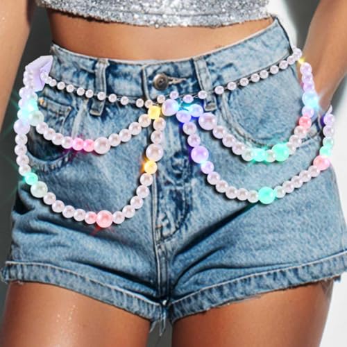 DRESBE Light Up Pearl Waist Belt LED Bikini Body Chains Rave Body Accessories for Women White3