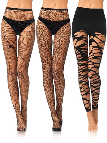 Image of Fourluoo 3 Pairs Fishnet Stockings for Women Black Ripped Spider Web Tights High Waist Stockings Hole Pantyhose