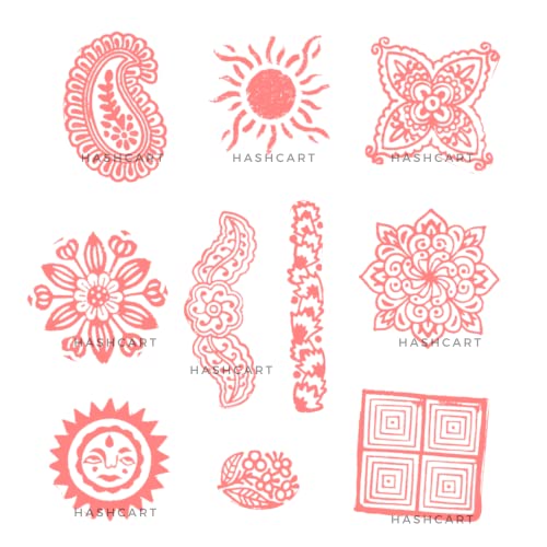 Image of Set of 10 | Wooden Blocks Multi Design Floral Stamps for Print Scrapbooking | Henna | Fabric Textile | Project Making | Art Craft | Pottery Craft