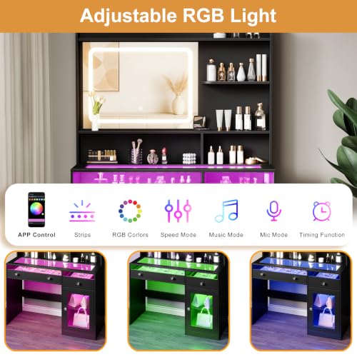 Image of Korfile 35'' Makeup Vanity Desk with Mirror and Lights, Power Outlet Black