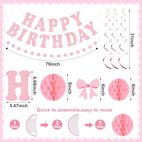 Image of Pink Bow Birthday Party Decorations Pink Glittery Happy Birthday Banner Garland Bow Hanging Swirls and Honeycomb Balls Coquette Birthdays Decor for Women Girls Birthdays Party Supplies