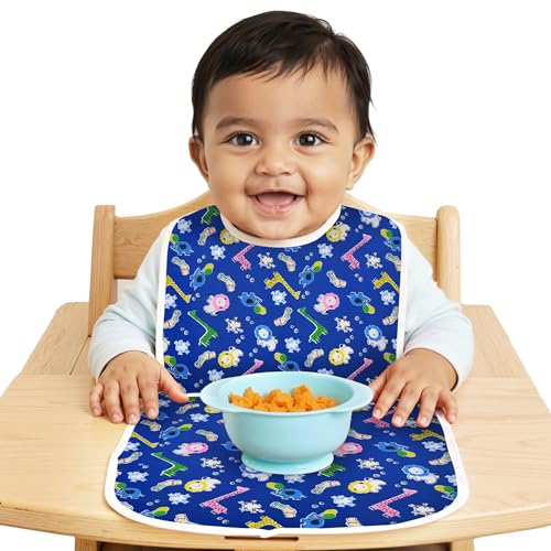 Kuber Industries PVC Bibs for Newborn Baby with Food Mat | Apron for Kids | Easy-to-Clean & Soft Bib for Babies 6 Months To 1 Year | Cartoon Print - Blue