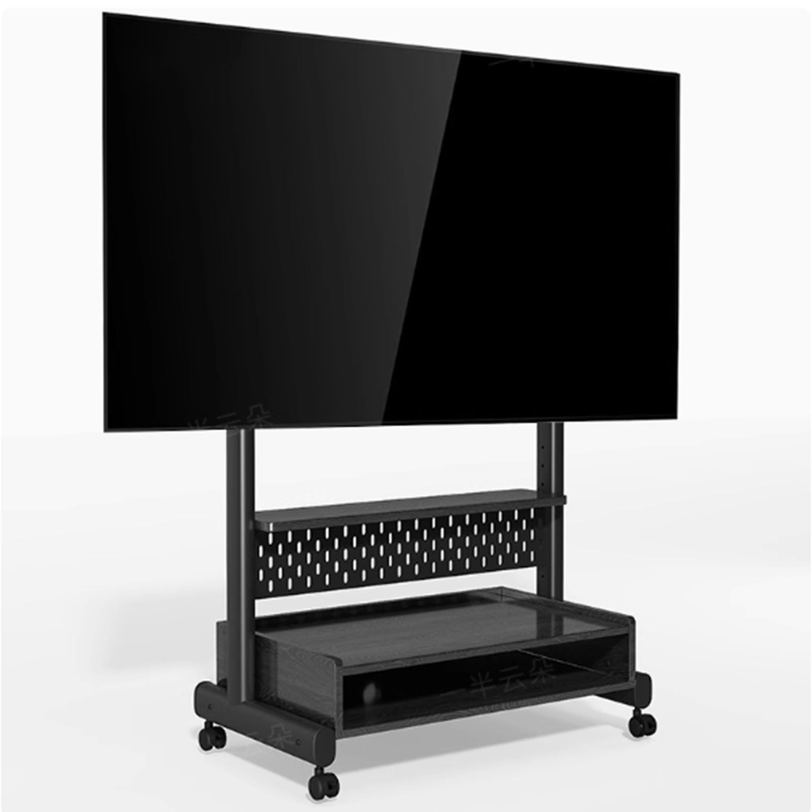 Lcd Tv Frame Floor Stand - Tv Stand On Wheels With Cabinet For 40-85 Inch, Soporte De Tv Móvil, Height Adjustment Portable Tv Floor Stand Tall With Wood Shelf, Mobile Tv Cart (Black Frame+Black)