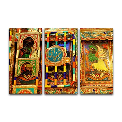 3 Panels Wall Art Pictures Details of Pakistani truck art fully decorated Mini Passenger bus of Modern Canvas Print Paintings Artwork Framed Posters for Office Home Decor Ready to Hang