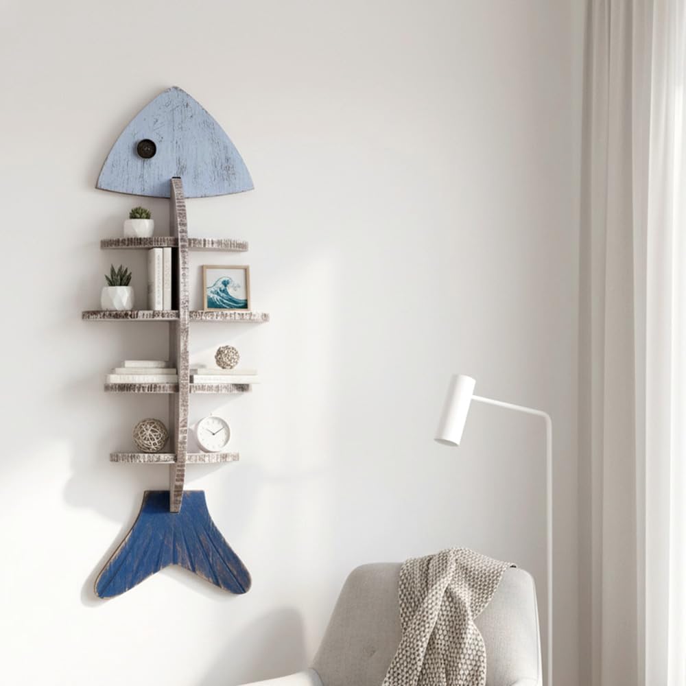 Nautical Fish Bone Wall Shelf, Wooden Coastal Wall Decor with 8 Storage Compartments, Ocean Theme Fish Skeleton Wall Mounted Shelf for Plants, Candles, Keys, Beach House Bathroom Living Room Decor