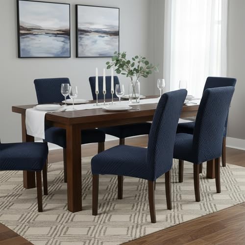 Image of House of Quirk Elegant Jacquard Chair Cover - 220 GSM Stretch Fabric, Universal Fit, Washable Short Dining Seat Protector Slipcover (Navy, Pack of 1)
