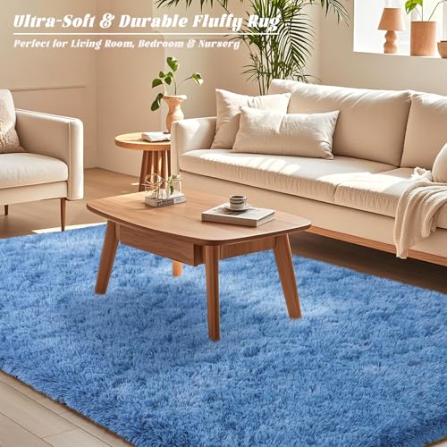 Large Blue Fluffy Rugs for Living Room 8x10 ft - Ultra Soft Faux Fur Area Rug - Plush Non-Slip Shaggy Carpet for Bedroom, Kids Boys Girls Dorm Nursery Room