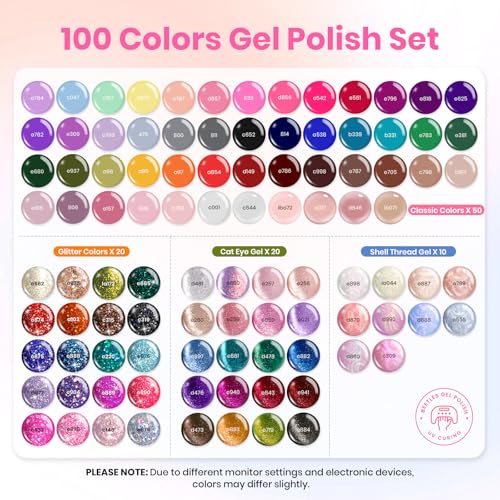Image of Beetles Gel Nail Polish Set, 119 PCS 100 Colors Fall Gel Polish Kit | Cat Eye, Jelly, Glitter & Pearl Nail Gel, 5Pcs Base Top Coat, Soak Off UV LED Gel Polish for Home Manicure Nail Art