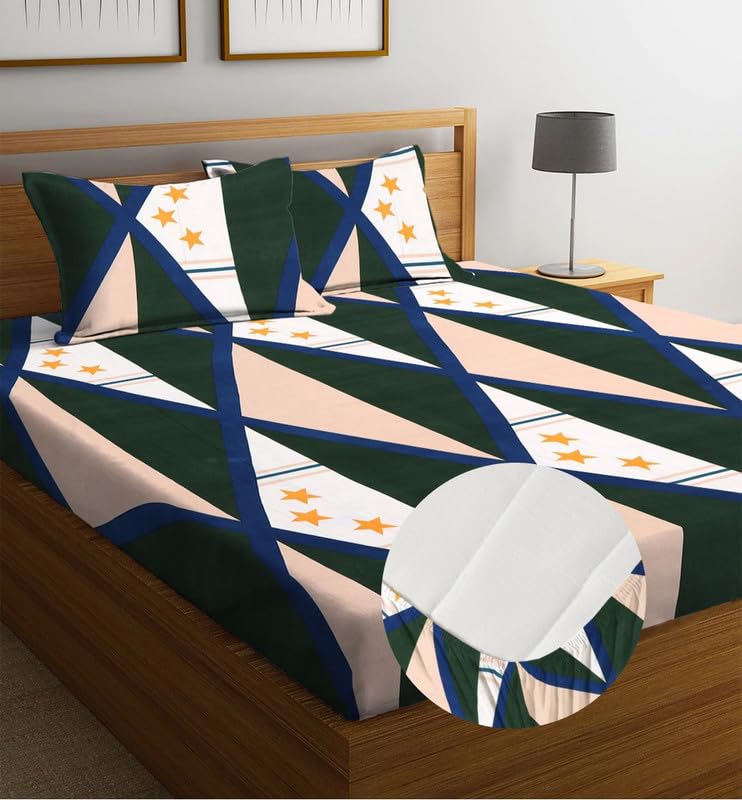Image of la'amour Cotton Elastic Fitted Bedsheets with 2 King Size Pillow Covers Double Bed with All Around Elastic Supersoft Size - 72 King Sizex78+10 inches Color - Green White
