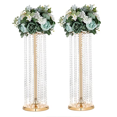LANLONG 2 piezas de lujo soporte de flores de cristal para boda en el piso, soporte de arreglos florales de metal alto, florero de mesa para boda, fiesta, hotel, decoración del hogar Cover
