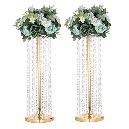 LANLONG 2 piezas de lujo soporte de flores de cristal para boda en el piso, soporte de arreglos florales de metal alto, florero de mesa para boda, fiesta, hotel, decoración del hogar