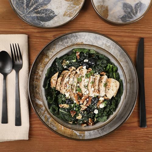 Image of Gibson Elite Chantilly Hill 16-Piece Porcelain Dinnerware Set, Round Plates & Bowls, Multicolor Leaf Design, Microwave & Dishwasher Safe, Service for 4