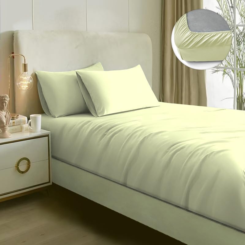 Image of Naksh 100% Cotton 210 TC Plain Elastic Fitted Bedsheets Super King Size 78 x 72 Inches, Ivory | 1 Elastic Bedsheet King Size Cotton & 2 Pillow Covers |Super King Size Bedsheet